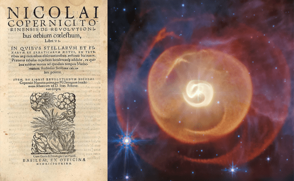 Title page of Copernicus's De Revolutionibus (1543) alongside a James Webb Space Telescope nebula image, illustrating the arc from the Scientific Revolution to modern astronomy